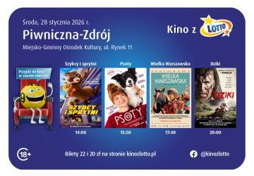 Kinowe hity powracają do Piwnicznej-Zdroju  Tym razem jako Kino z LOTTO - zapraszamy 28 stycznia do Miejsko-Gminny Ośrodek Kultury w Piwnicznej-Zdroju na wyjątkowe filmy
