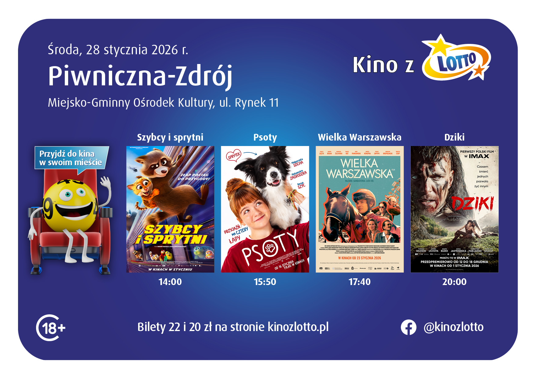 Kinowe hity powracają do Piwnicznej-Zdroju  Tym razem jako Kino z LOTTO - zapraszamy 28 stycznia do Miejsko-Gminny Ośrodek Kultury w Piwnicznej-Zdroju na wyjątkowe filmy